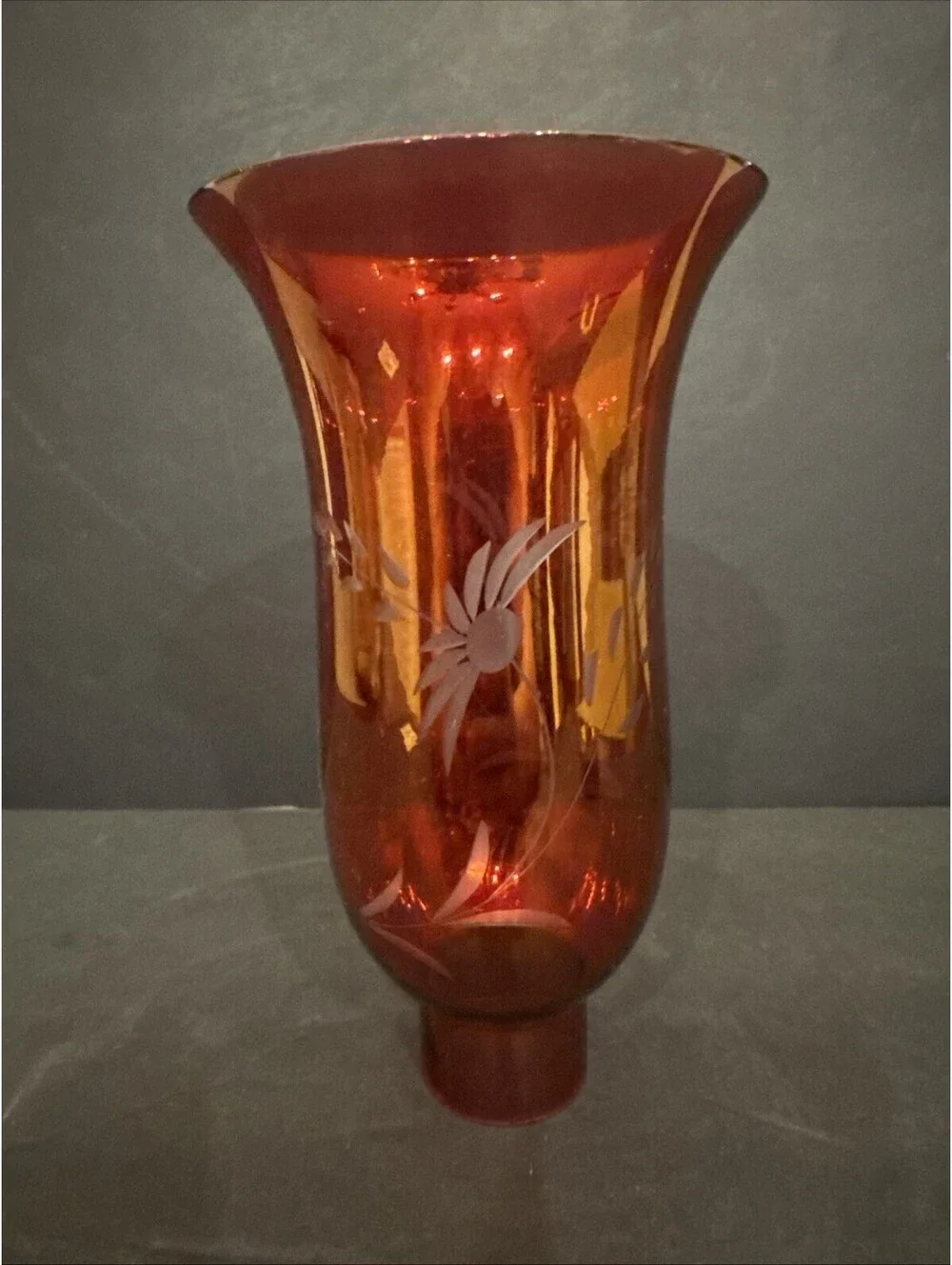 Cranberry Iridescent Etched Flower Hurricane Lamp Shade Candle Sconce 7 5/8” H